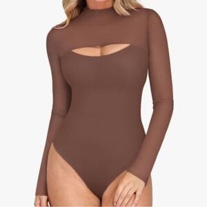 Cutout Turtle Neck Long Sleeve Sheer Mesh Thong Bodysuits